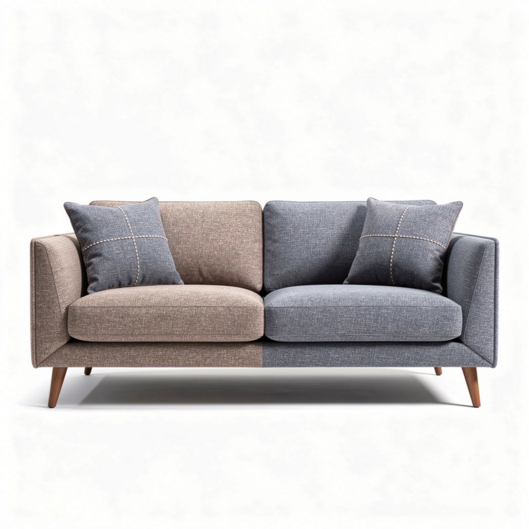 Bank in bruin en grijs stof met houten poten en kussens 200 x 90 x 75cm