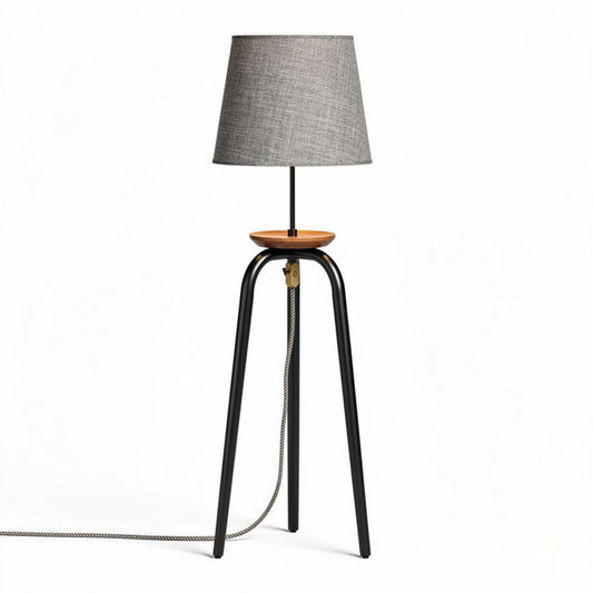 Staande lamp met stof lampenkap en houten basis 30 x 30 x 150cm zwart grijs