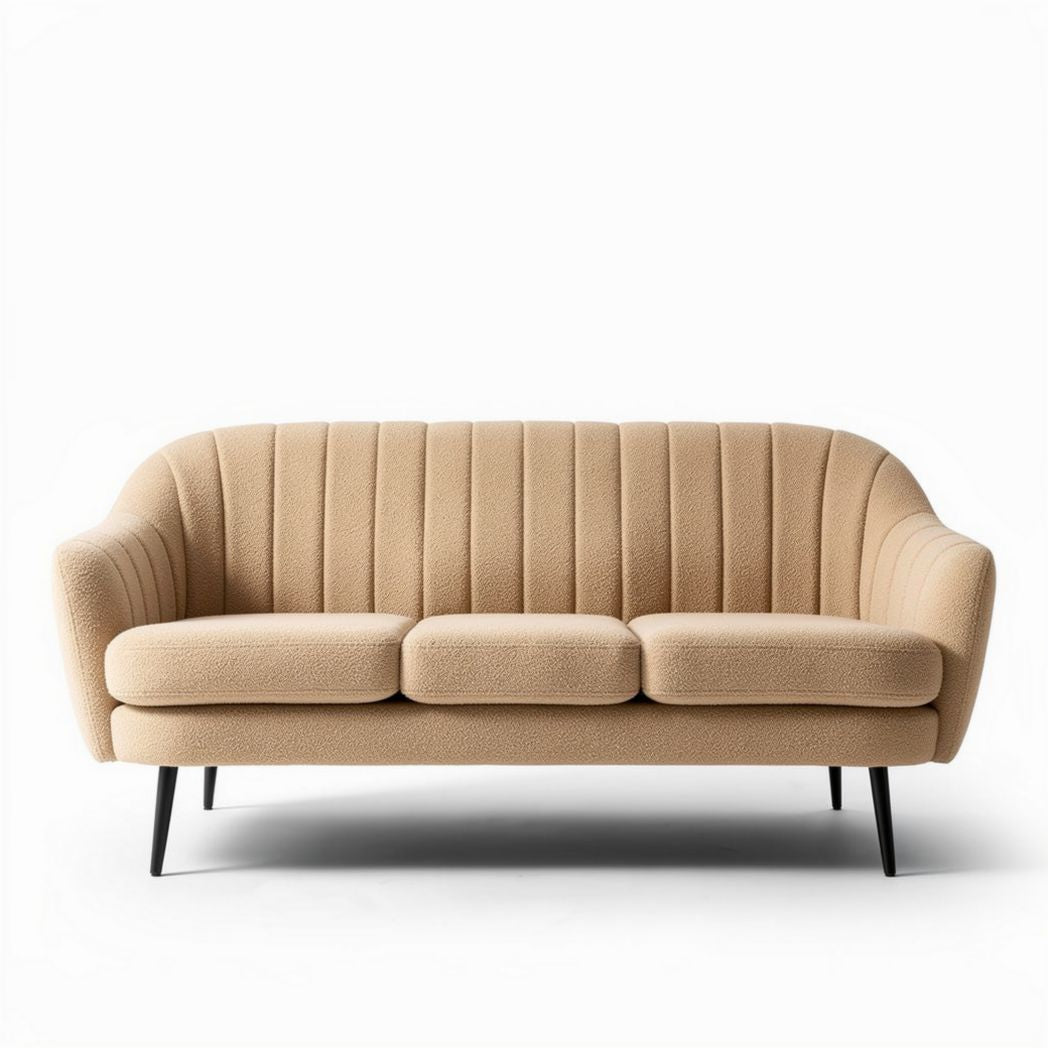 Beige bank met gestreept ontwerp en zwart metalen poten 190 x 80 x 85cm