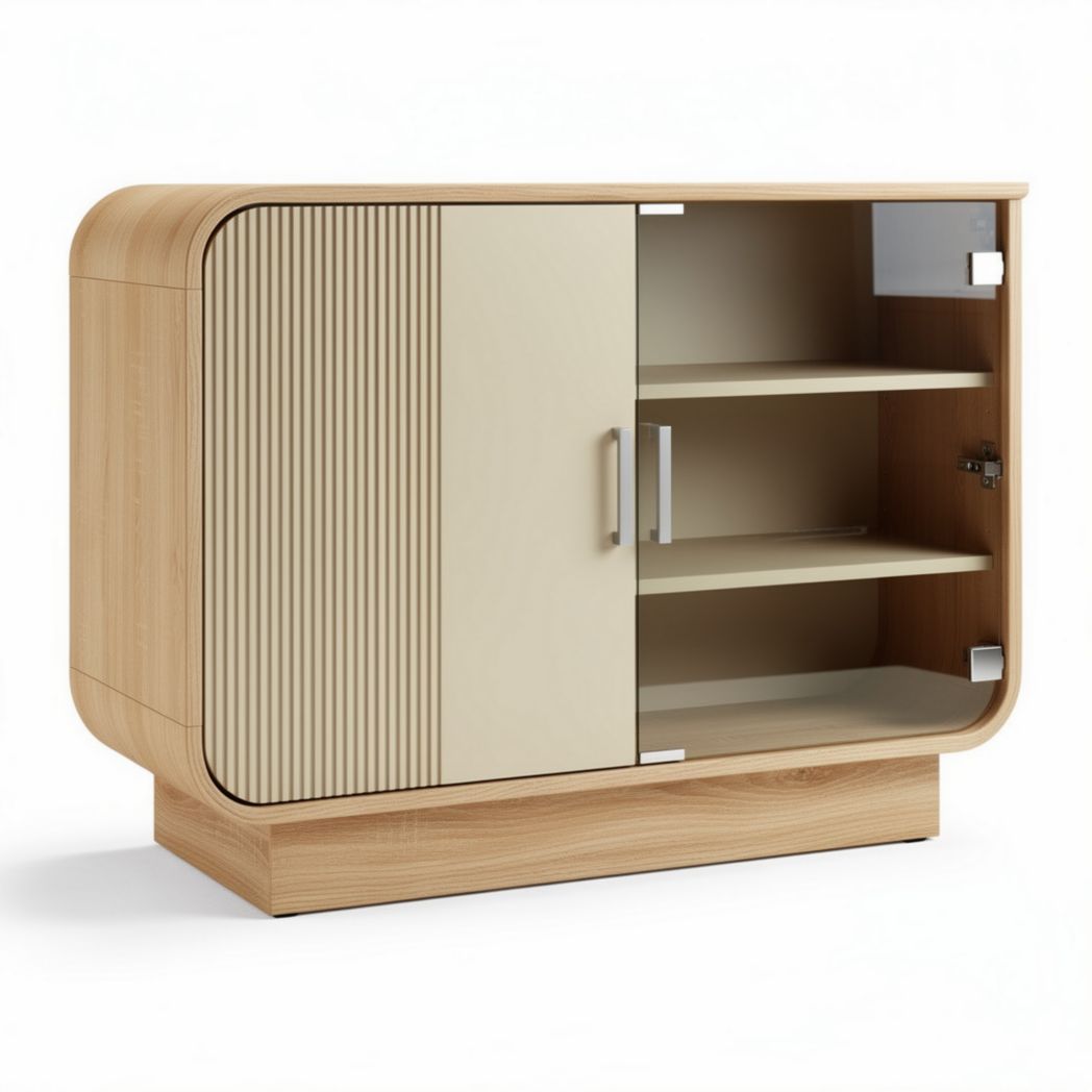 Houten kast met schuifdeur en planken 80 x 40 x 75cm in lichtbruin en beige